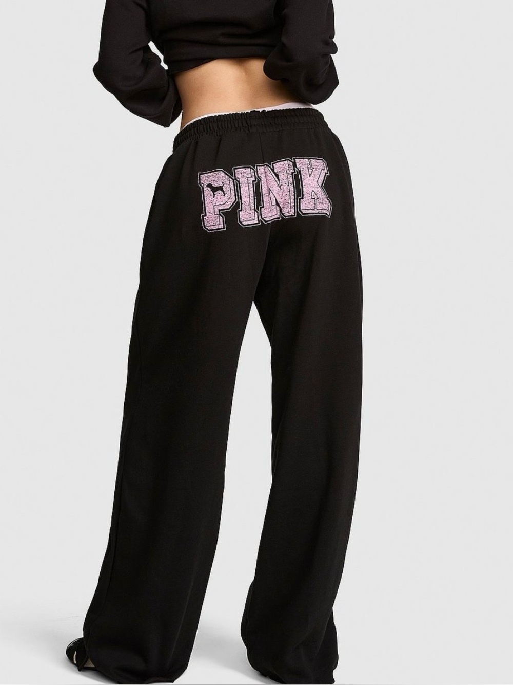 VS PINK CAMPUS FLEECE WIDE-LEG SPLIT-HEM SWEATPANTS IN BLACK PINK FRIDAY L-XXL